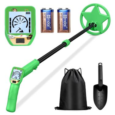 Imagem de Detector de metais para crianças, leve e ajustável de 62 a 85 cm, com bobina de pesquisa à prova d'água de 16,5 cm e visor LCD, presente para meninos e meninas para caça ao tesouro (verde neon)