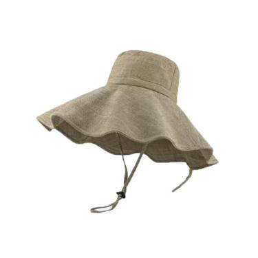 Imagem de Chapéus de sol femininos de aba larga com proteção UV chapéu de praia de algodão e linho dobrável cáqui 55-58 cm