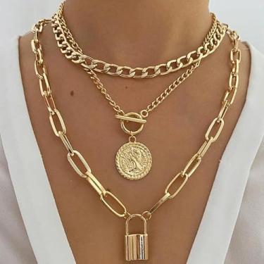 Imagem de Colar de ouro grosso em camadas para mulheres, colar empilhável, joias punk, acessórios modernos, moda