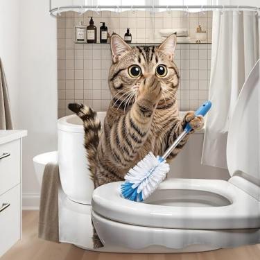 Imagem de LGhtyro Conjunto de cortina de chuveiro de gato engraçado 152 cm L x 183 cm A crianças divertido desenho fofo gato engraçado limpar o vaso sanitário adorável gatinho acessórios de banho para meninos