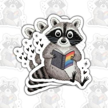 Imagem de 3 adesivos de livro de leitura de guaxinim, adesivos de vinil de animais fofos inteligentes para laptop, caderno, diário, tablet, Hydro Flask, material escolar, presente para estudantes, professores