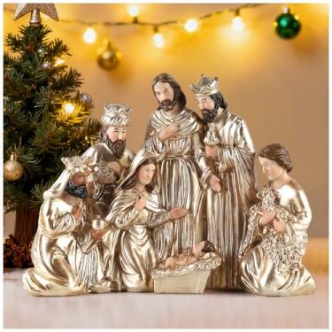 Imagem de Magicsculp Conjunto de presépio de Natal de 7 peças – Escultura da Sagrada Família Conectada de 30 cm L com manjedoura, decorações de mesa religiosas, decoração católica de resina pintada à mão para