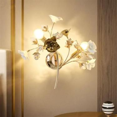 Imagem de Luminária de parede contemporânea em cerâmica com flor de rosa, LED, estilo campestre francês, criativa, para sala de estar, restaurante, quarto, casa de campo, corredor, cabeceira (E D25H40