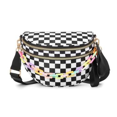 Imagem de Espaçosa bolsa transversal de nylon quadriculada bolsas de mão xadrez carteiras com corrente personalizada para mulheres, Corrente - Xadrez Preto e Branco, Elegante