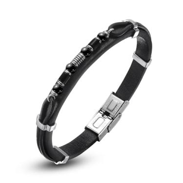 Imagem de Pulseira masculina de couro preto: olho de tigre/contas de ônix preto pulseira de couro (ouro) para joias masculinas - pulseiras masculinas de pedra natural com contas e joias para homens - pulseiras