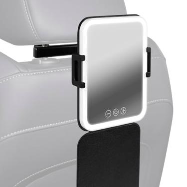 Imagem de Espelho de maquiagem para banco traseiro de carro com luz LED, suporte para encosto de cabeça, espelho grande regulável com iluminação de 3 cores, rotação de 180°, totalmente ajustável, ajuste