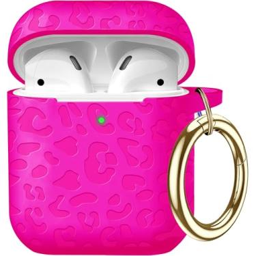 Imagem de Gawnock Capa compatível com AirPods com estampa de leopardo, compatível com AirPods 2ª/1ª capa de carregamento, linda proteção total de silicone macio, LED frontal visível, rosa choque