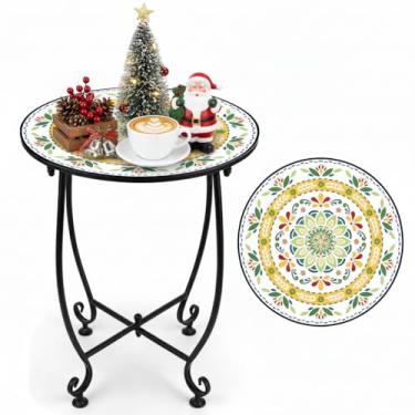 Imagem de DARCKLE Mesa lateral redonda ao ar livre, suporte de plantas colorido exclusivo estilo pastoral de 35,5 cm, mesa de canto de mosaico, mesa de destaque de bistrô para jardim, quintal, varanda