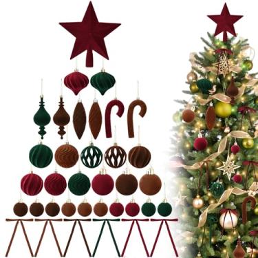 Imagem de 80 peças de enfeites de veludo para decoração de árvore de Natal – 1 estrela de topo, 2 bengalas de doces, 27 bolas flocadas à prova de estilhaçamento e 50 laços para decoração de casa de cornija de