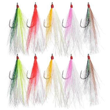Imagem de Ganchos de pesca Bucktail Teaser de água salgada, 5/10 peças iscas de pesca com ganchos de aço de alto carbono com plataformas de solha de cristal flash para robalo, truta salmão, cabeça de aço (10
