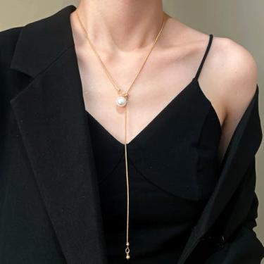 Imagem de Colar longo de pérola Lariat colar de gota única colar deslizante delicado pingente ajustável corrente de cobra redonda colar em Y para mulheres meninas