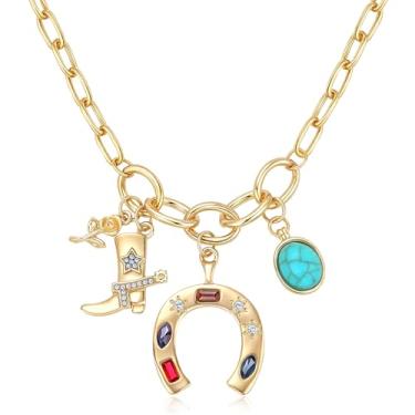 Imagem de immerFancy Colar com pingente de ouro, joia boho ocidental, para mulheres, estrela, lua, ferradura, turquesa, chapéu, pingente, clipe de papel, colar de corrente cowgirl, caubói, celestial, colares
