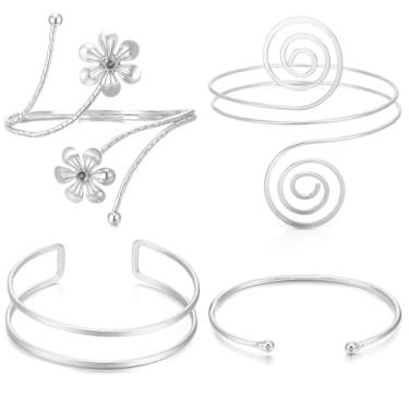 Imagem de YVVLEE 4 peças de joias femininas de ouro e prata para braço, braçadeira ajustável, minimalista, bobina, braçadeira, conjunto de braçadeiras, open, Sem Pedra Preciosa