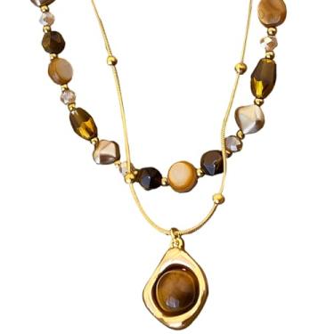 Imagem de Conjunto de 2 colares com contas de olho, correntes de elos cubanos femininos, colares empilhados, correntes de ouro ajustáveis, estilo vintage com pingentes de pedras preciosas, 45 cm e 45 cm