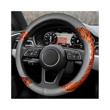 Imagem de NYTKL Capa de couro para volante de carro, padrão de crocodilo, antiderrapante com grão rosa, protetor de volante universal para quatro estações para carros, caminhões, SUVs (marrom e cinza)