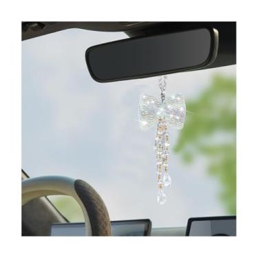 Imagem de Sandfren Pingente de espelho retrovisor de carro com laço brilhante, enfeite de pendurar espelho retrovisor de cristal fofo de cristal, berloques de decoração de interiores automotivos de diamante