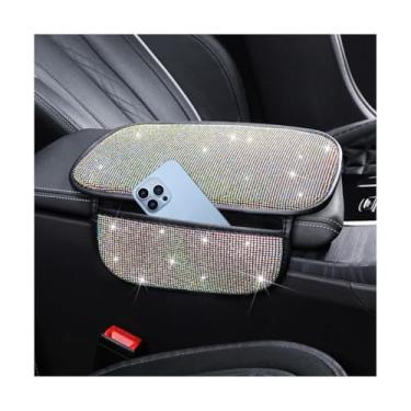 Imagem de Sandfren Capa de console central de carro brilhante, almofada de apoio de braço de veículo de strass de cristal com 2 bolsas de armazenamento para mulheres e meninas, almofada protetora de caixa de