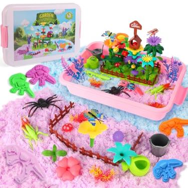 Imagem de FIIOEOY Kit de lixeira sensorial de jardim com 89 peças, areia sensorial mágica com brinquedos de construção de jardim de flores, figuras de insetos e moldes de areia, conjunto de brinquedo para