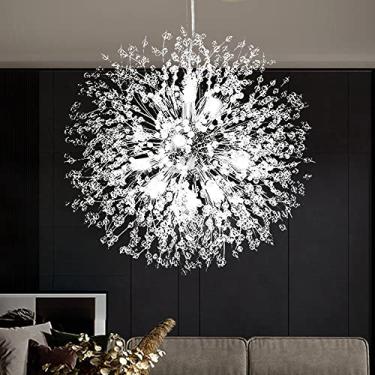 Imagem de Yiisem Candelabros de cristal de dente-de-leão, 16 luzes cromadas modernas redondas com pingente de fogos de artifício, luminárias penduradas para sala de jantar, quarto, sala de estar, cozinha,
