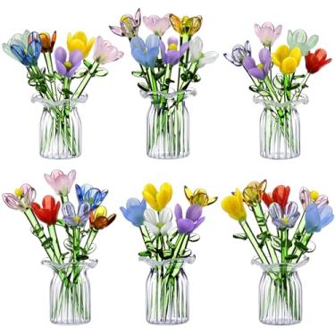 Imagem de FoldTier 42 peças lindas mini flores de vidro para decoração de flores de vidro soprado à mão, ornamentos colecionáveis com vaso pequeno para dia das mães, aniversário, mesa de Natal, centro de mesa