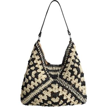 Imagem de hatisan Bolsa feminina de palha para praia de verão, Preto, cáqui, Large, Retrô