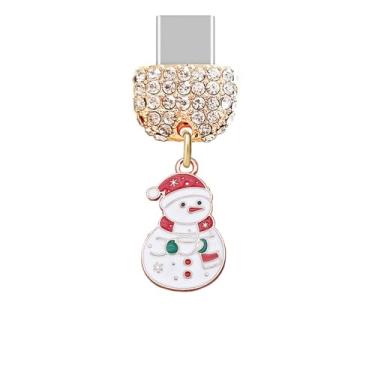 Imagem de ELISE & FONDA TP998 Tipo-C porta de carregamento cristal antipoeira pequeno boneco de neve pingente de celular para iPhone 15/16/Samsung/OnePlus/Xiaomi/oppo telefones Android (branco)