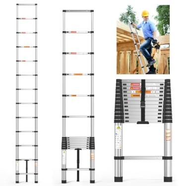 Imagem de Escada telescópica de aço inoxidável, 3,8 m, escada de extensão de 3,8 m, forte e estável, capacidade de 150 kg, escadas dobráveis com pés de borracha antiderrapante para casa, ao ar livre