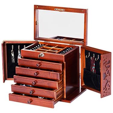 Imagem de 3FLQOOPP Caixa de armazenamento de joias de madeira com cadeado, multicamadas, grande capacidade, uma chave, multifuncional, presente para mulheres (marrom 31 x 19,5 x 25 cm)
