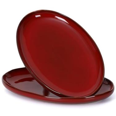 Imagem de vicrays Bandeja de servir de cerâmica – Extragrande oval 35 cm de porcelana conjunto de pratos de jantar longos – para festa, restaurante, comida, carne, sushi, peixe, peru, prato - vermelho cereja