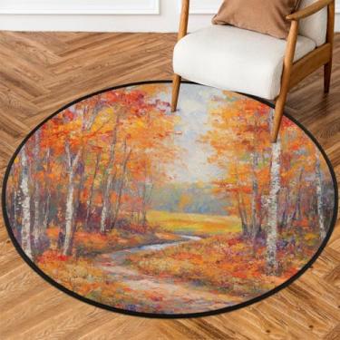 Imagem de Tapete redondo pequeno de 1,5 m laranja floresta de outono macio tapete circular antiderrapante lavável tapete de porta para interior quarto sala de estar berçário cozinha banheiro entrada decoração