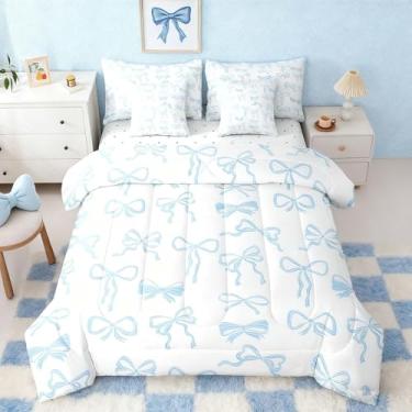 Imagem de Feelyou Jogo de edredom com laço azul fofo com laço em uma bolsa para decoração de quarto de crianças, meninos, meninas, estilo princesa, 7 peças, conjunto de cama de casal feminino e macio para todas