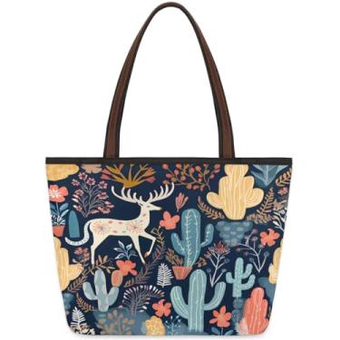 Imagem de Bolsa grande para mulheres, animal, cervo, cacto, retrô, bolsa de tecido de trabalho com zíper, reutilizável, bolsa de mão, casual, para viagem, trabalho, férias, praia, compras, academia, presentes