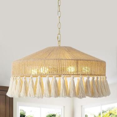 Imagem de Lustre de vime estilo campestre com acabamento em linho, luminária pendente ajustável para sala de jantar, em estilo boêmio, feita à mão com corda de cânhamo e algodão. Ideal para sala de es