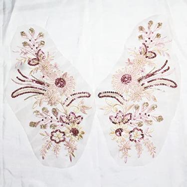 Imagem de SUNMOVE Um conjunto de flores bordado lantejoulas renda aplique tecido costura colarinho remendo motivo vestido de casamento vestido de noiva artesanato DIY (rosa)