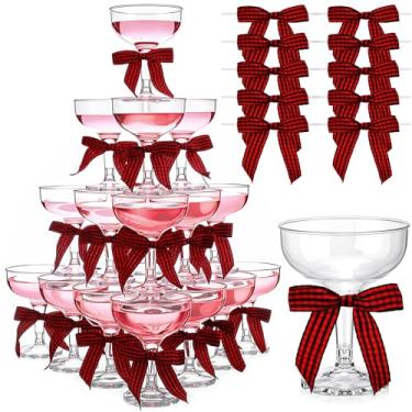 Imagem de Zopeal 30 peças de copos de martini de plástico de Natal de 142 g, taças de champanhe Margarita com laço de 7 cm para aniversário, despedida de solteiro, bar, casamento, torre de champanhe (xadrez