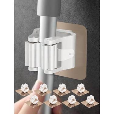 Imagem de Suporte de esfregão para vassoura com 4 ganchos fixados na parede para casa de banho (branco)