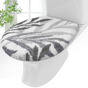 Imagem de Mindsoft Tampa de vaso sanitário com folhas cinzentas, microfibra macia, 43 cm x 38 cm, assento de vaso sanitário, lavável na máquina, ajustável, capa de suporte de borracha para a maioria das tampas