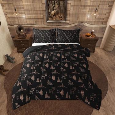 Imagem de Erosebridal Jogo de cama solteiro com tema de caça de urso, veado, lobo e animais da floresta, para crianças, decoração de cabana rústica, casa de fazenda, montanha, preto e marrom