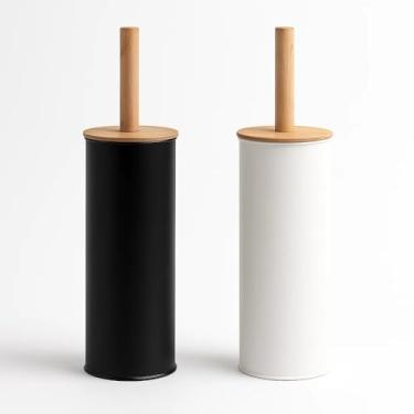 Imagem de Escova Sanitária Moderna com Suporte, Base em Ferro, Alça em Bambu Natural, Design Minimalista em Preto e Branco (Preto)