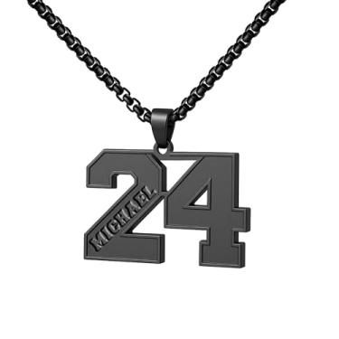 Imagem de Ldurian Colar com nome de número personalizado, pingente de corrente de número esportivo para homens, colares de nome de atletas personalizados 00-99 preto presente de aço inoxidável para homens
