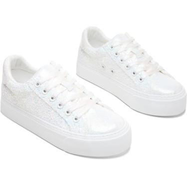 Imagem de AISFAES Tênis feminino com plataforma com glitter, cadarço brilhante, grosso, moderno, cano baixo, confortável, metálico, lantejoulas, tênis de caminhada, Glitter branco, 41