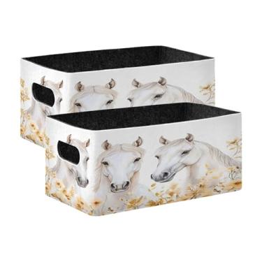 Imagem de Burbuja Caixa de armazenamento dobrável com alças de cavalos brancos - Caixa de armazenamento de feltro para organizar brinquedos, livros, maquiagem, panos, meias em prateleira, armário, quarto, 2