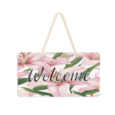 Imagem de Burbuja Placa de boas-vindas de lírios rosa para porta da frente, placa de boas-vindas de PVC para decoração de férias de casa de fazenda, 15 x 28 cm