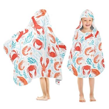 Imagem de Burbuja Toalha de banho com capuz Red Crabs Shrimps para crianças, toalha de praia de pelúcia macia absorvente para chá de meninas e meninos 3-10 anos, 61 x 127 cm