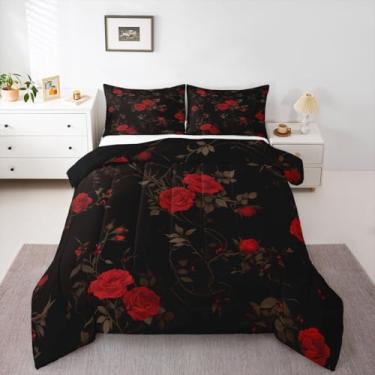 Imagem de Erosebridal Conjunto de cama solteiro com rosa vermelha | Conjunto de edredom romântico para meninas romântico Dia dos Namorados, floral, vintage, macio, quente, 2 peças com 1 fronha