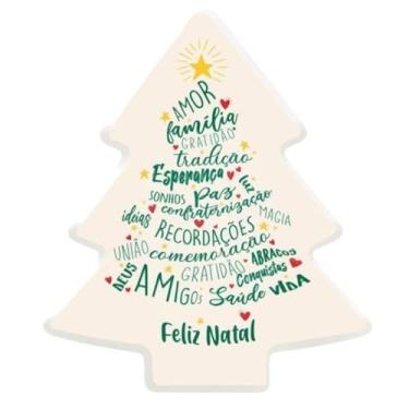 Imagem de Luminária Decorativa em Forma de Árvore de Natal, Iluminação LED com Palavras em Português, Design Festivo com Mensagens Natalinas, Cor Branca e Verde
