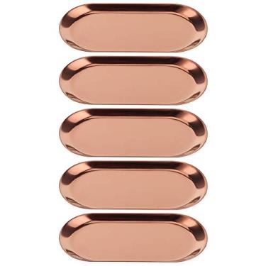 Imagem de QANYEGN Bandeja decorativa de aço inoxidável, bandeja de armazenamento de joias em formato oval, bandeja de armazenamento pequena para joias, toalhas de convidados, frascos de perf (Pequeno (ouro