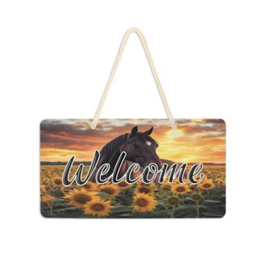 Imagem de Burbuja Placa de boas-vindas de girassóis de cavalo para porta da frente, placa de boas-vindas de PVC para decoração de férias, 15 x 28 cm