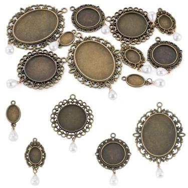 Imagem de KISSITTY Bandejas de pingente de bisel oval redondo redondo de liga metálica em branco com pingentes de pérolas de imitação para fazer joias faça você mesmo com fotos, colar, pulseira, brinco