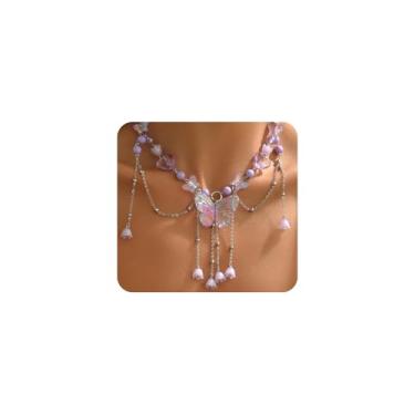 Imagem de Colar com pingente de borboleta em camadas para mulheres, colar roxo Y2k de fada acessórios de joias de elfo, colares gargantilha de cristal com contas, Large, Liga de aço, Sem Pedra Preciosa